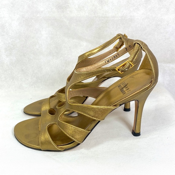 Stuart Weitzman Bronze Cage Ankle Strap Heels - Picture 3 of 6